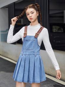 SHEIN Vestido De Jardineira Casual Em Denim Com Bainha Plissada Para Adolescentes