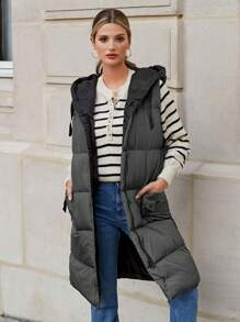 RueChic Zip Up Hooded Puffer Vest Coat - Army Green - View 4