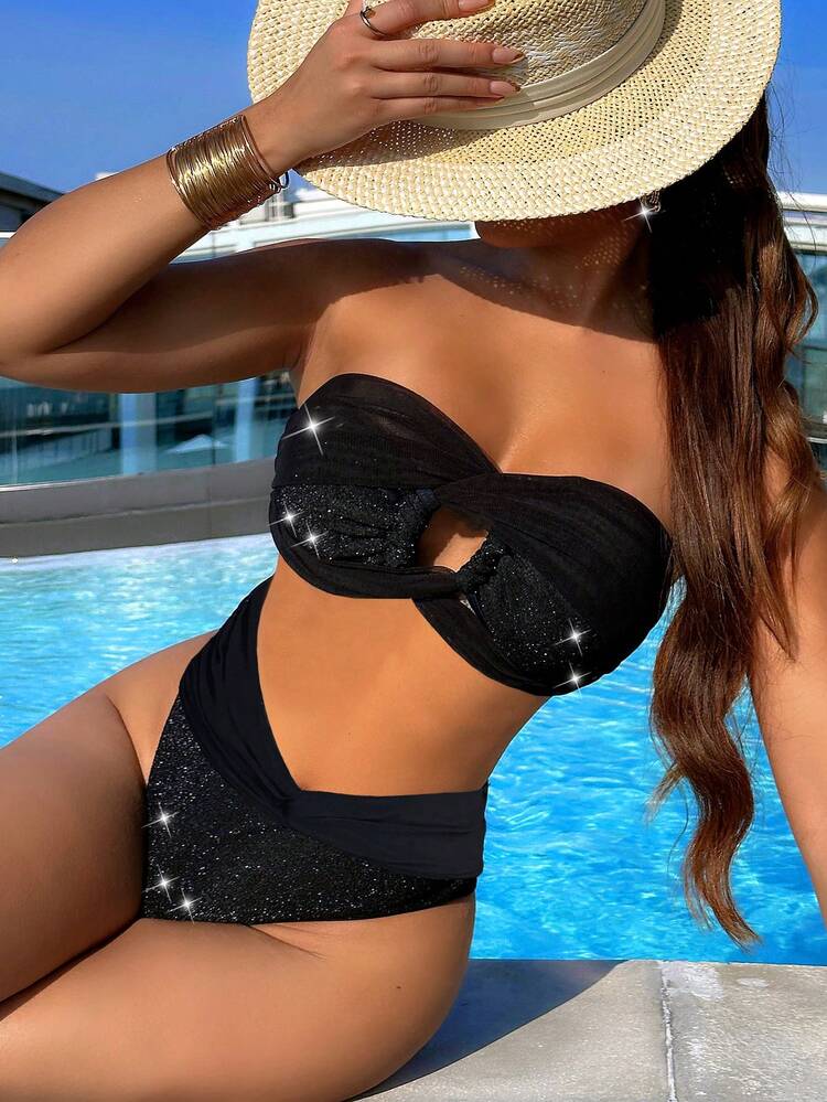 Women's Hollow Out Button Detail Bikini Set Summer Beach