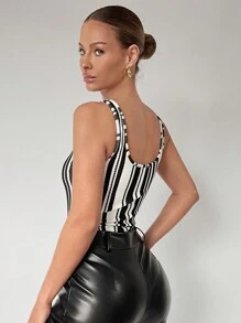 Maija Women'S Vertical Striped Bodysuit - Black and White - View 2