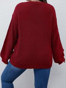 SHEIN LUNE Women'S Plus Size V-Neck Drop Shoulder Sweater - Red - View 2