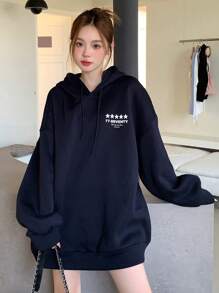 DAZY 女式字母五角星印花连帽卫衣，秋季服装 - 藏蓝色 - 查看 4