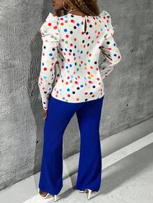 Slaydiva 波点泡泡袖上衣和喇叭裤两件套 - 彩色 - 查看 3