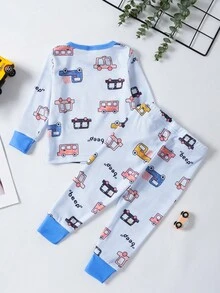 SHEIN 嬰兒男童卡通車印花修身睡衣套裝 - 藍色 - 查看 2