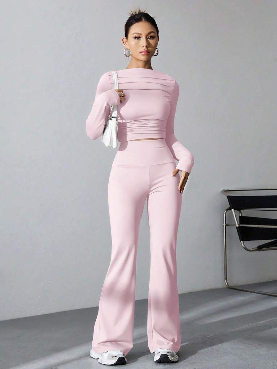 SHEIN MOOSTA Long Sleeve Solid Color T-Shirt And Flared Pants 2pcs/Set - Pink - View 1