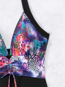 SHEIN Swim 女士拼接印花抽绳褶皱吊带连体泳衣嘉年华夏季 - 彩色 - 查看 7