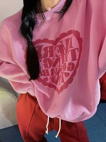 DAZY Áo nỉ trễ vai thường ngày in hình trái tim và chữ cho nữ, áo dài tay ngày lễ tình nhân, quần áo mùa thu - Màu Hồng Tươi - Xem 3