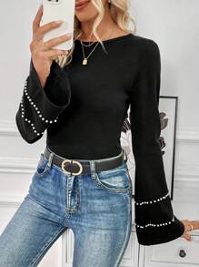 Chiquease 女式波浪袖毛衣 - 黑色 - 查看 6