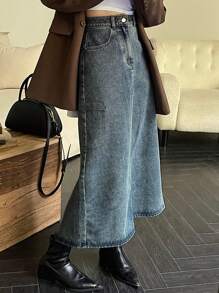 Dazy Designer Long A-Line Denim Skirt Jeans Skirt - Blue - View 5