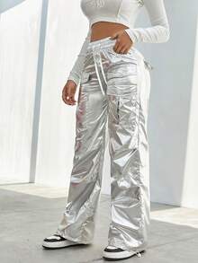 街頭口袋前拉繩金屬貨物降落傘褲