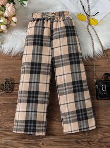 SHEIN 小女孩松身舒適格紋褲,蝴蝶結裝飾的秋季時尚寬褲 - 卡其色 - 查看 1