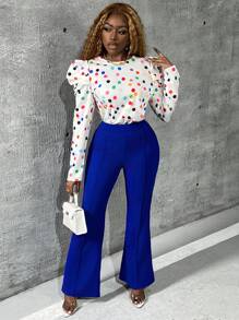 Slaydiva 波点泡泡袖上衣和喇叭裤两件套 - 彩色 - 查看 1