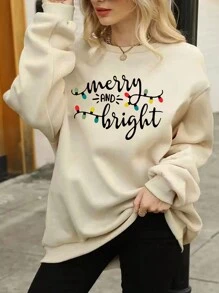 Ladies' Casual & Basic Outdoor Sports Pullover Sweatshirt With Slogan Print And Round Neckline - Apricot - View 1