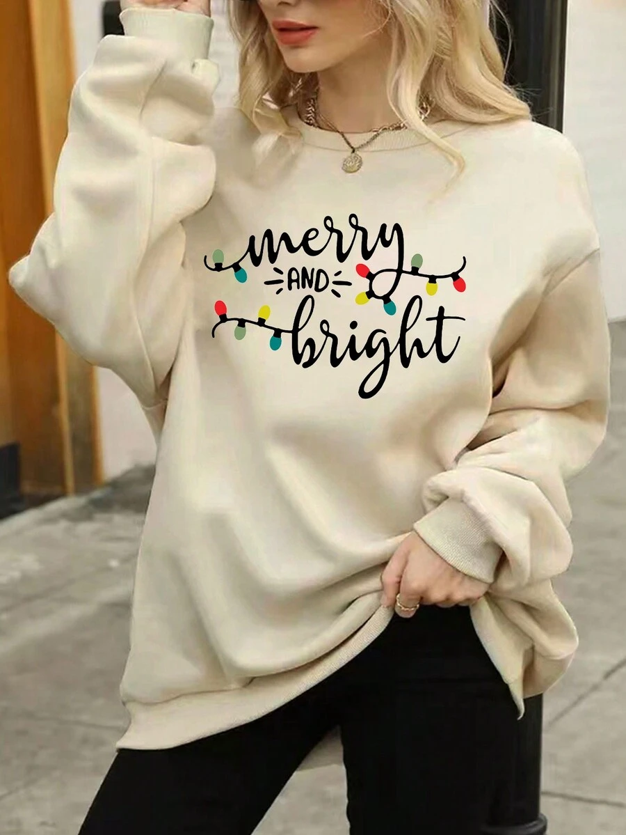 Ladies' Casual & Basic Outdoor Sports Pullover Sweatshirt With Slogan Print And Round Neckline - Apricot - View 1