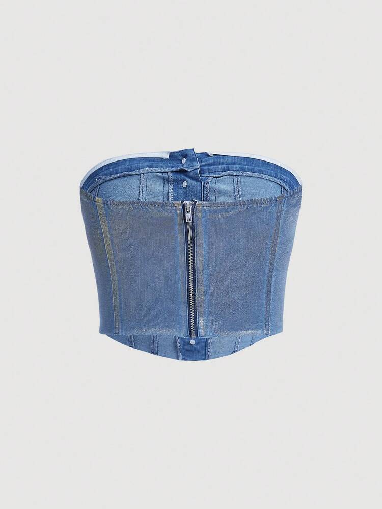 Plus Size Denim Top With Button Detail, Strapless Design