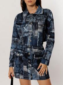 SHEIN Essnce 女式牛仔效果夹克和裙子套装 - 藍色 - 查看 4