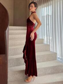 Aloruh Vestido De Cuello De Halter Con Volantes Para Mujeres - Burdeos - Ver 4