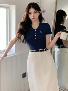 Áo thun dệt kim gân thêu họa tiết dành cho nữ mùa hè, quần áo trở lại trường - Màu xanh hải quân - Xem 5