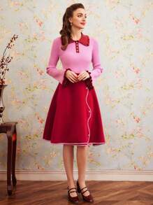 SHEIN DECDS 女裝色塊細節釦子和修邊裙 - 玫瑰紅 - 查看 8