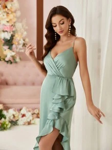 SHEIN Belle Bridesmaid Dress With Ruffled Trim And High Side Slit - Green - View 3