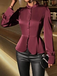 SHEIN Clasi 女士純色提花氣球袖鈕扣襯衫 - 酒紅色 - 查看 3