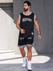 Manfinity Homme Heren Grote maten Alfabet Print Gestreepte trim Tank tops En Short set