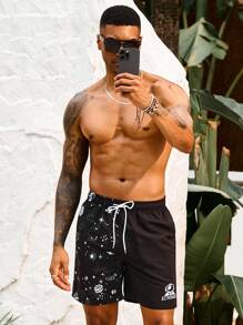 Manfinity KASUA Men'S Beach Shorts With Drawstring Waist And Galaxy Print - Black and White - View 5
