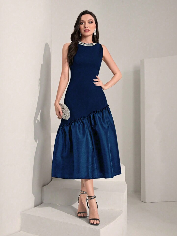 Modelyn Sleeveless Dress With Beaded Detail And Ruffle Hem