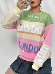 SHEIN Qutie Women'S Oversized Drop Shoulder Sweatshirt With Letter Print And Color Blocking - Multicolor - View 6