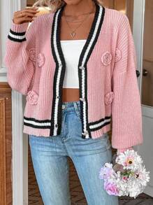 SHEIN Clasi Sọc Áo len Mở Với 3D Hoa Chỉnh trang - Nhiều màu - Xem 4