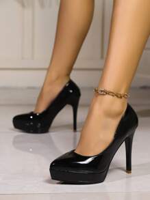 防水台高跟鞋細跟尖頭女單鞋性感黑色皮革設計 - 黑色 - 查看 3