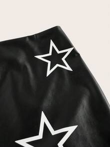 SHEIN ICON 女式星星圖案pu皮裙 - 黑色 - 查看 3