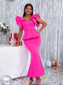 V領荷葉邊拼接短袖修身美人魚禮服 - 玫紅色 - 查看 1