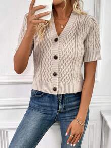 SHEIN Essnce Của phụ nữ Màu thuần Ngắn tay Áo len Mở - Màu be - Xem 6