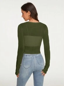 SHEIN Essnce 前繫帶短款開衫 - 綠色 - 查看 2