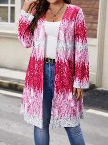 SHEIN LUNE Plus Sequin Print Open Front Coat - Hot Pink - View 4