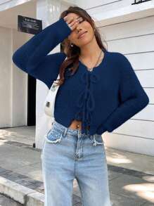 SHEIN Unity 女士休閒綁腰針織外套 - 藏蓝色 - 查看 1