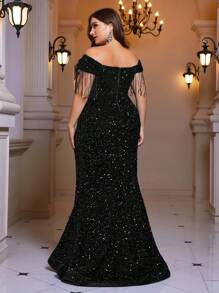 SHEIN Belle Plus Size Women's Dazzling High Side Split Party Gown (Heavy Duty) Black Elegant Formal Evening Prom Wedding Guest Dress, For Graduation, Dinner - Black - View 2