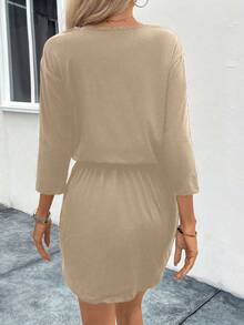 EMERY ROSE 純色半拉鍊長袖束腰連衣裙 - 卡其色 - 查看 2