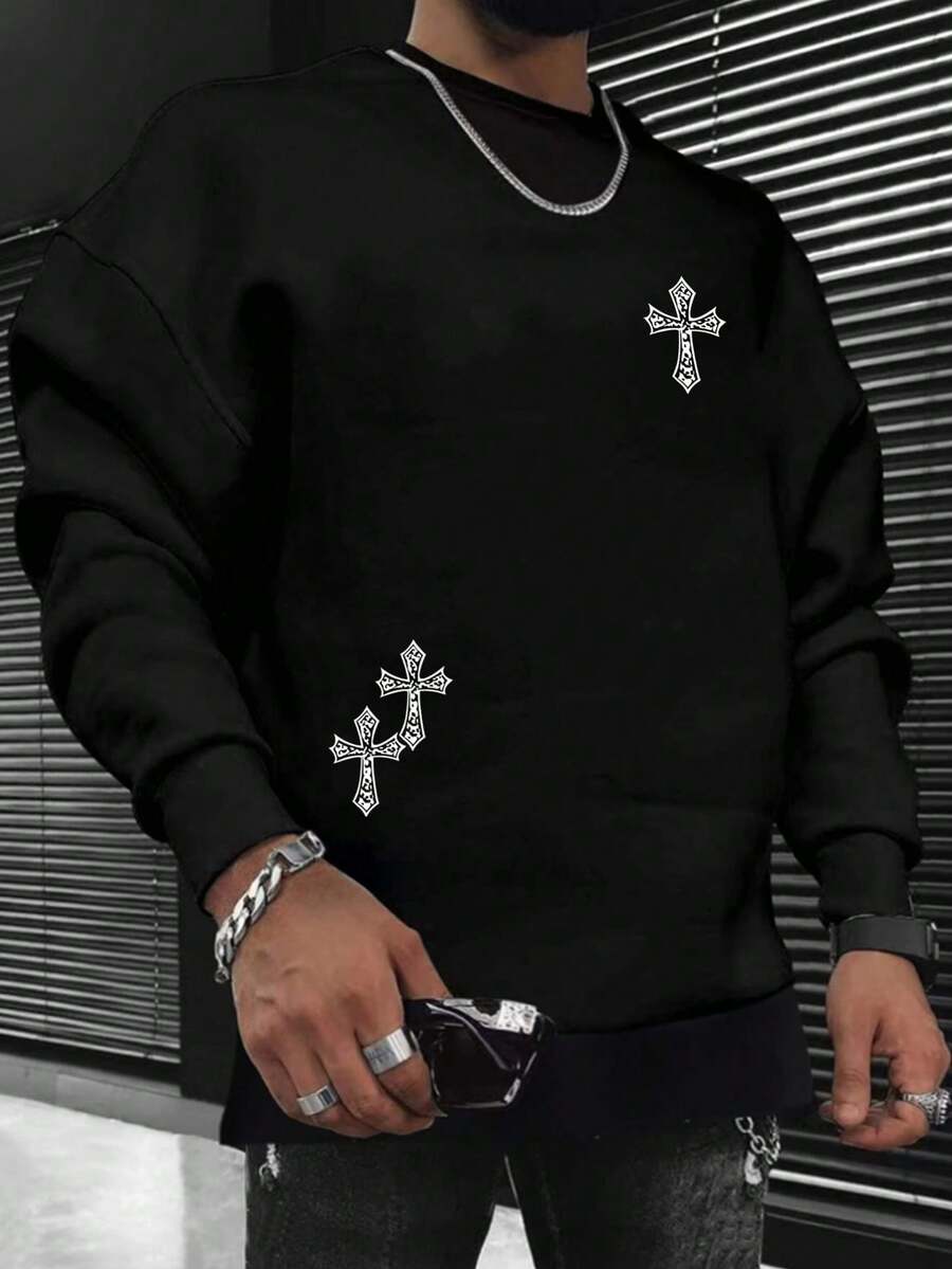 Manfinity Homme Men's Loose Fit Cross Print Round Neck Sweatshirt - Black - View 1