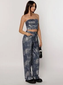 SHEIN Essnce Silver-Plated Strapless Two Piece Set - Blue - View 4