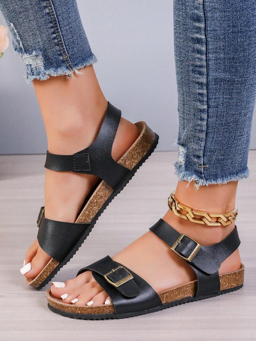 女士扁平涼鞋純色易穿進腳環防滑耐用雙扣帶拖鞋,日常舒適鞋履 - 黑色 - 查看 1