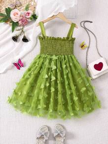 SHEIN 幼兒女孩 3d 花卉貼花網紗芭蕾舞短裙,配細肩帶