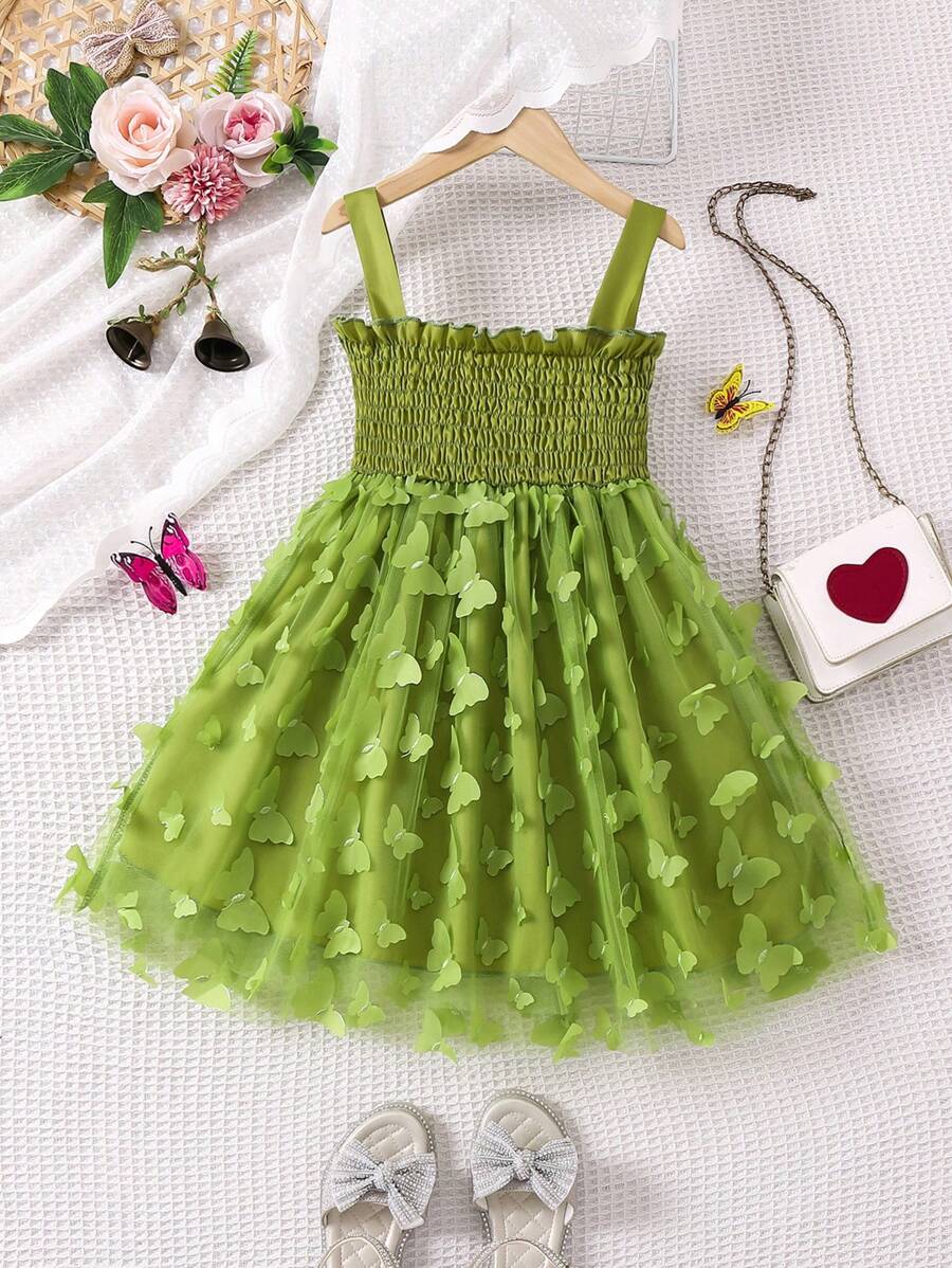 SHEIN 幼兒女孩 3d 花卉貼花網紗芭蕾舞短裙,配細肩帶