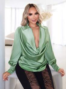 SHEIN SXY Spring Women Clothes Satin Swing Collar Women's Long Sleeve Shirt