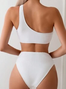 Swim SXY 夏季海滩女士单肩比基尼套装带圆形装饰，两件套 - 白色 - 查看 5