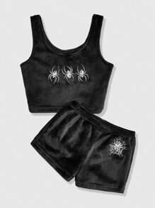 ROMWE Goth Women'S Loungewear Set Spider Embroidery Plush - Black - View 1