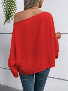 EMERY ROSE Áo cánh tay đèn lồng cổ bất đối xứng cho trang phục năm mới Áo một bên vai vải thu cho nữ - Đỏ - Xem 2