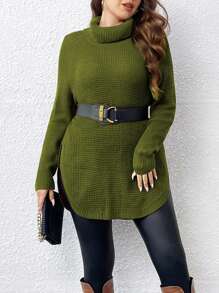 SHEIN LUNE 大尺碼女士高領拉幗袖毛衣套頭衫 - 橄欖綠 - 查看 5