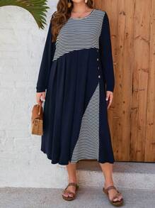 EMERY ROSE Vestido De Manga Larga Con Rayas Y Talla Grande - Azul Marino - Ver 5